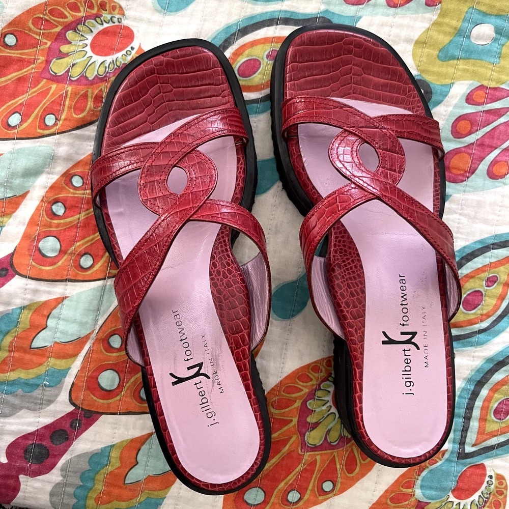Gilbert Rohde Red Croc-Embossed Leather Slide Sandals - Picture 6 of 16
